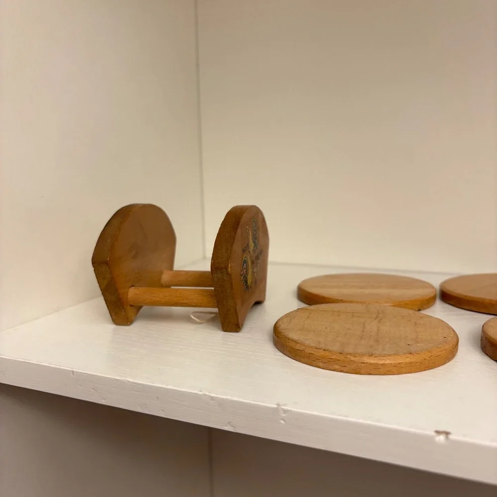 Vintage Mid Century Wooden Coaster Set with Caddy Atlanta Georgia Humorous Art